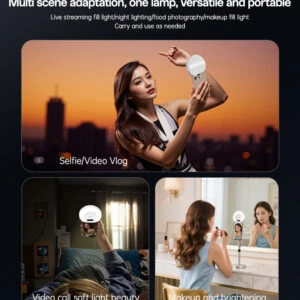 Tre situationer med Yesido GlowClip LED-ringlampa: selfie utomhus, videosamtal och makeup inomhus