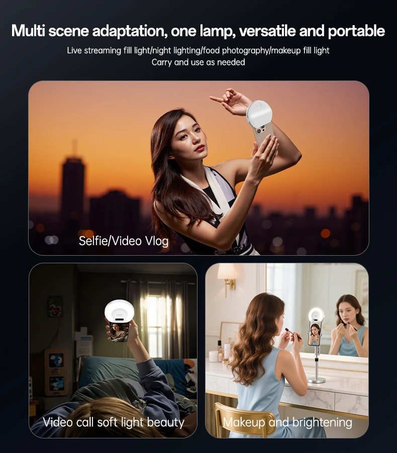 GlowClip LED selfie light Yesido – tre ljuslägen för olika situationer Tre situationer med Yesido GlowClip LED-ringlampa: selfie utomhus, videosamtal och makeup inomhus