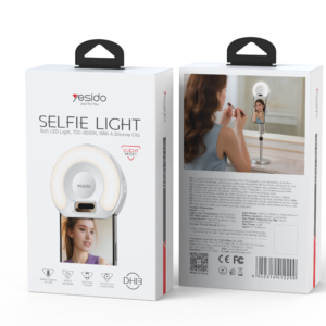 Förpackningen till Yesido GlowClip LED selfie light visad fram- och baksida