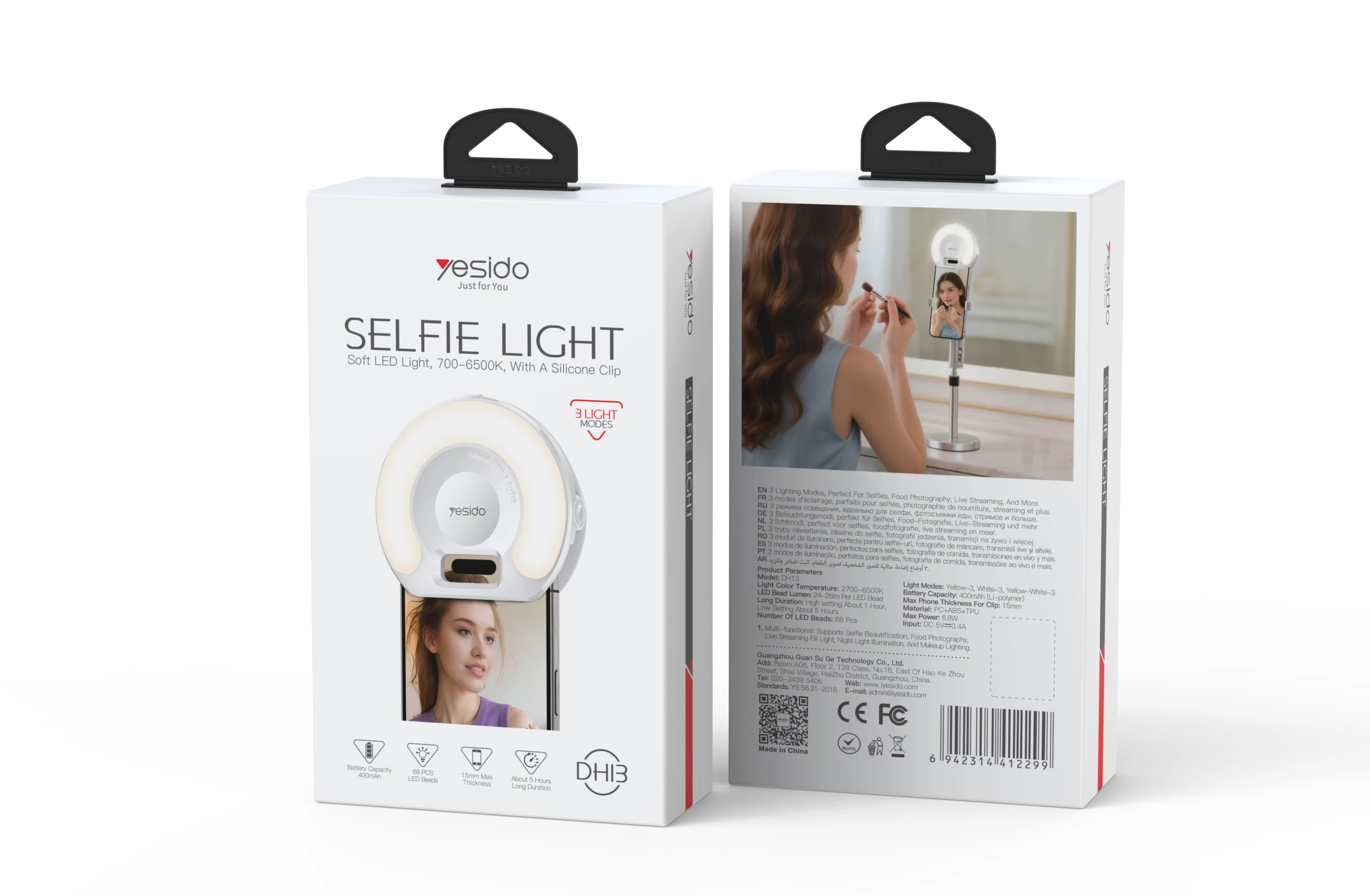 GlowClip LED selfie light Yesido – förpackning Selfie Light Förpackningen till Yesido GlowClip LED selfie light visad fram- och baksida