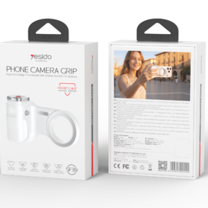 Förpackningen till Yesido vita magnetiska kamerahandtag Phone Camera Grip visad fram- och baksida