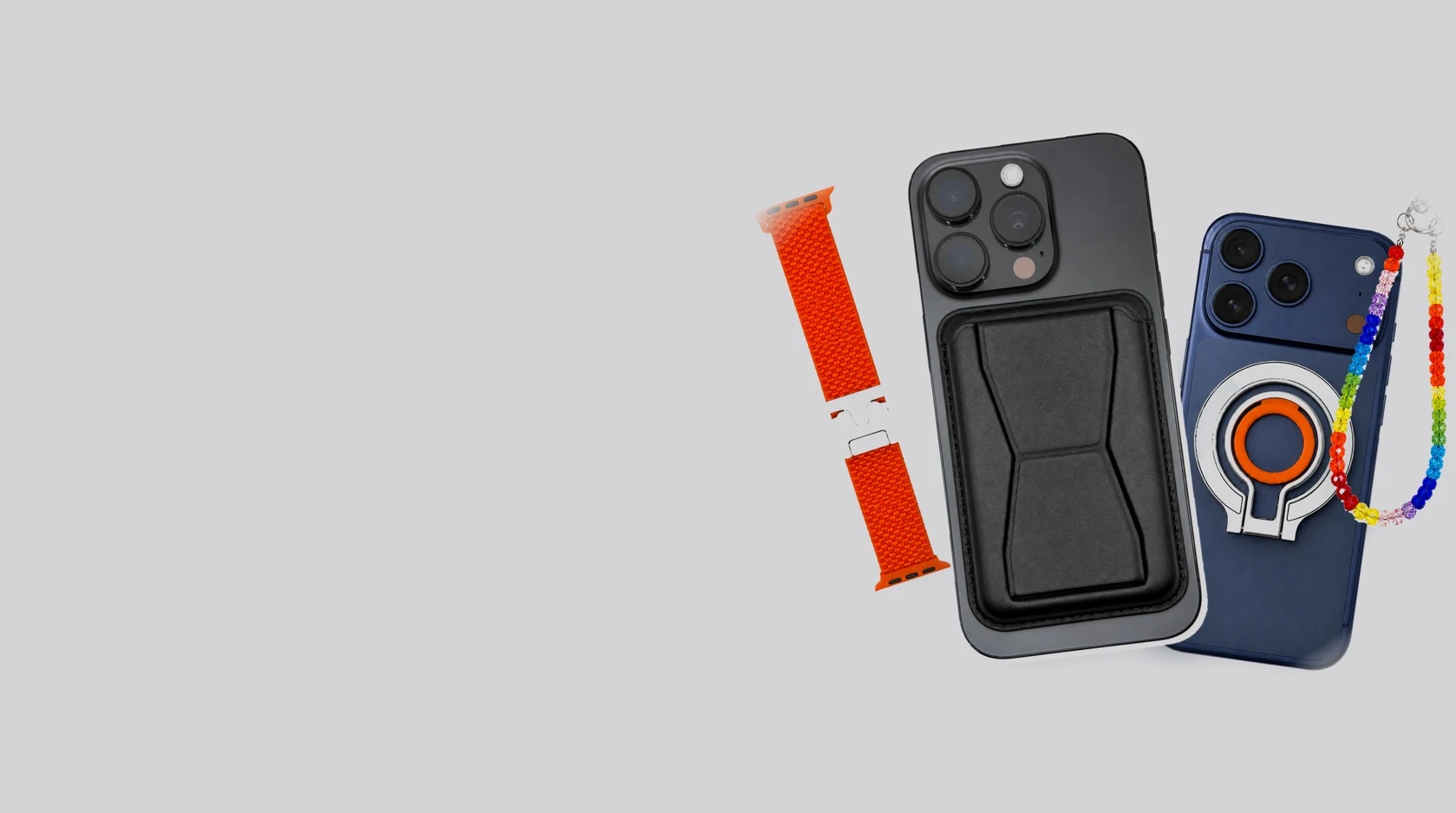 Mobiltillbehör: magnetisk korthållare med stativ, magnetiskt ringställ, phone strap och klockarmband