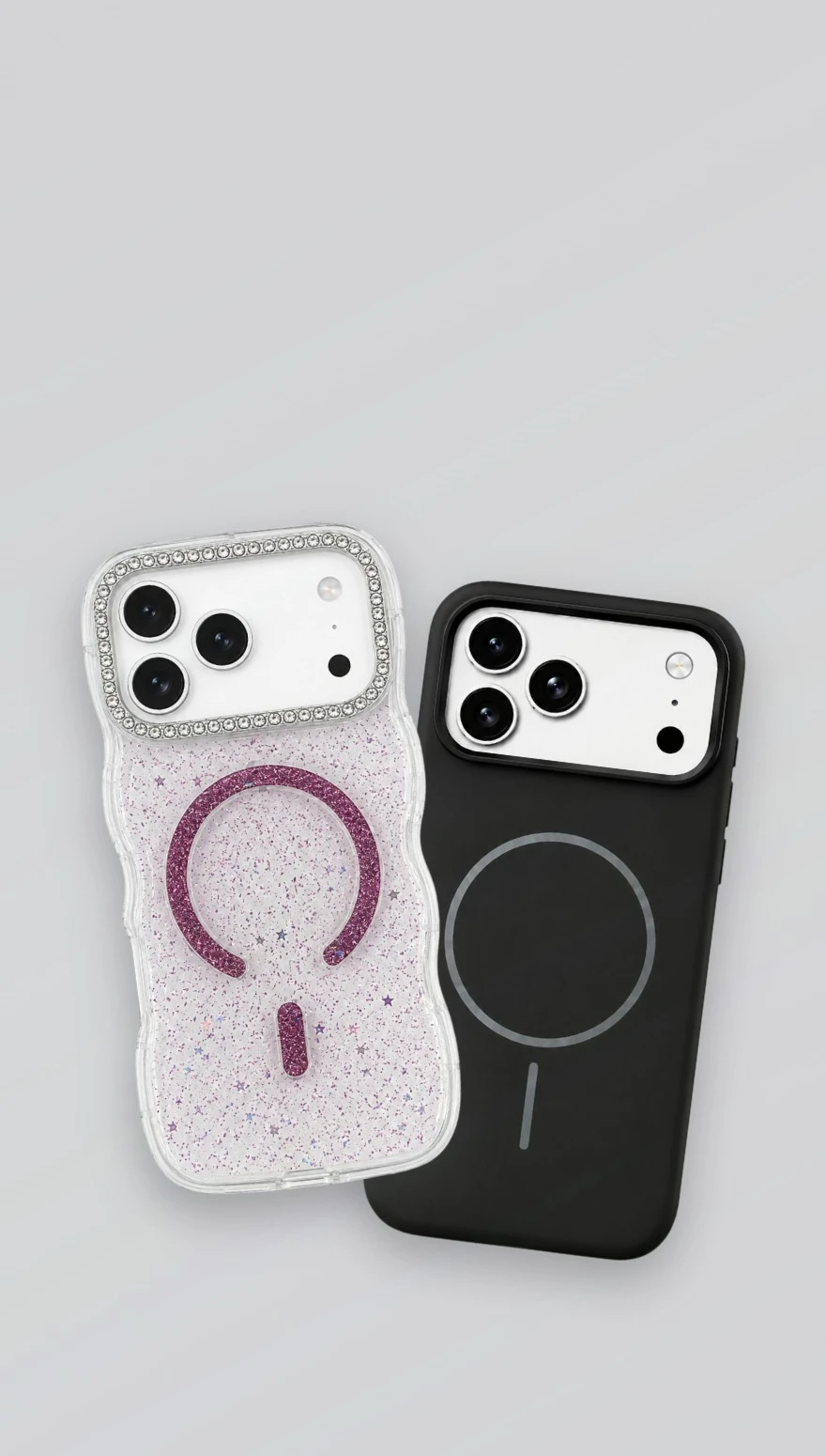 Två mobilskal med MagSafe: Rosé Sparkle Wavy i glitter och svart SoftTouch